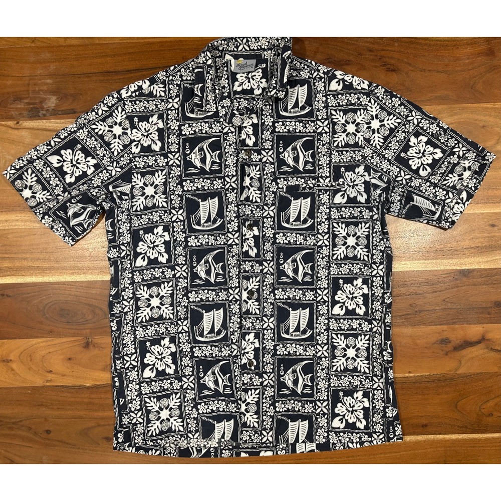 Royal Creations Mens Hawaiian Shirt Navy Blue White Fish Sailboat Floral Medium